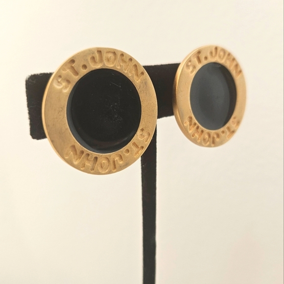 St. John gold tone black enamel earrings 1-1/4th in clip on - Picture 9 of 12